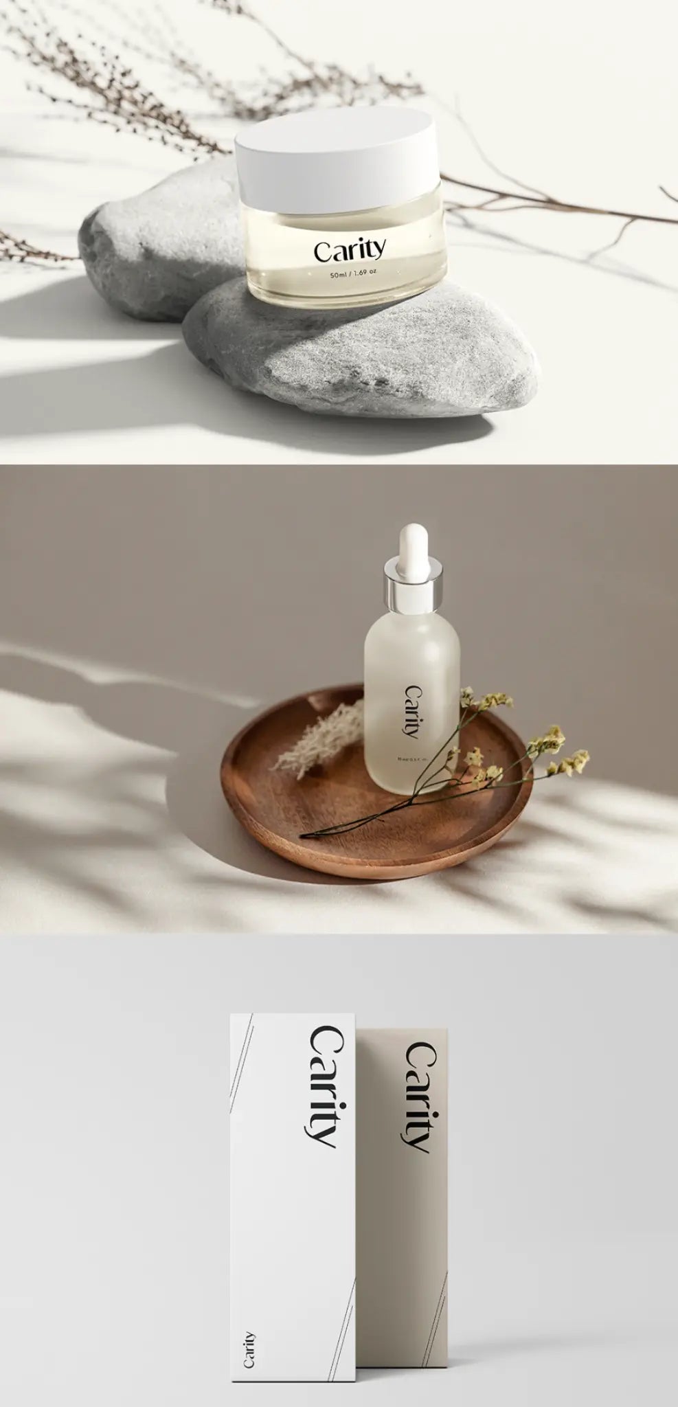 Focused Carity jar, serum, tube, and box product photographs